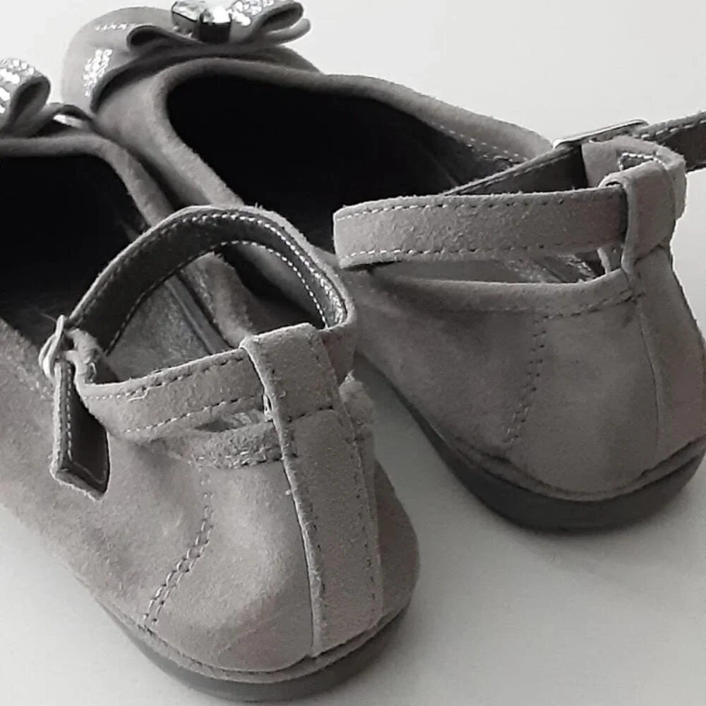 Wolly soft grey suede ballet style shoes with ankle strap - made in Italy